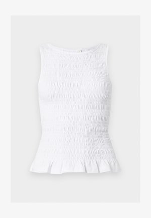 Haut blanc sans manches avec texture smockée et ourlet volanté, encolure ronde, silhouette cintrée.