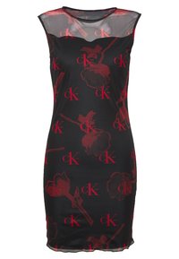 Black fitted dress with red floral and logo patterns, sheer top portion, round neckline, and sleeveless design.