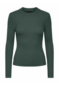Pull en tricot côtelé vert foncé avec manches longues et encolure ronde, coupe ajustée, et motif à rayures verticales texturé.