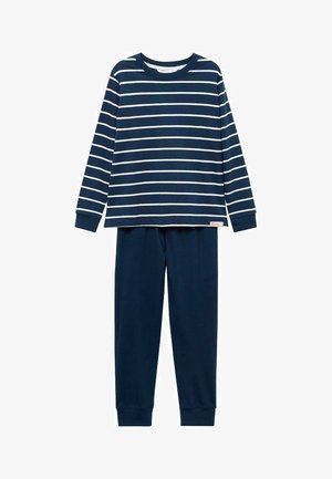 Ensemble de pyjama bleu marine avec un haut à manches longues rayé de blanc et un bas uni bleu marine assorti. Tissu doux et confortable.