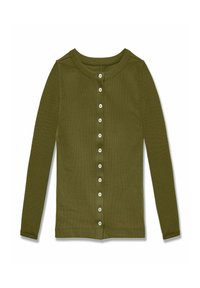 Dugi kardigan maslinasto zelene boje s dugim rukavima i gumbima, s rebrastom teksturom i okruglim izrezom, položen na bijelu pozadinu.