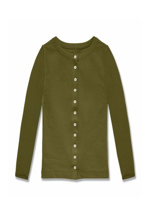 Olīvzaļš garām piedurknēm ar pogām, adīts ar ribveida faktūru un apaļu kakla izgriezumu, izvietots plakani uz balta fona.