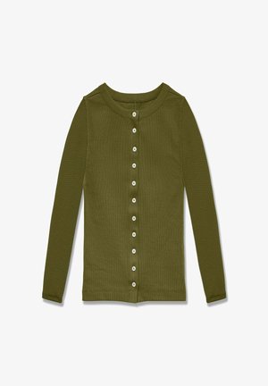 Olīvzaļš garām piedurknēm ar pogām, adīts ar ribveida faktūru un apaļu kakla izgriezumu, izvietots plakani uz balta fona.