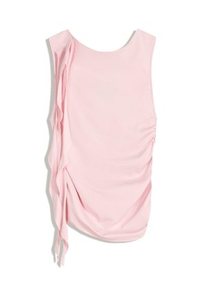 Pink sleeveless top with a round neckline, featuring side ruching and a draped detail on the left, made of smooth, lightweight fabric.