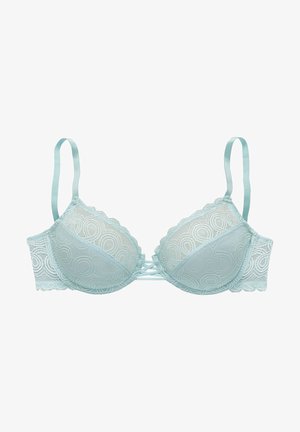 Light blue lace bra featuring scalloped edges, molded cups, and a strappy back design with adjustable satin straps.