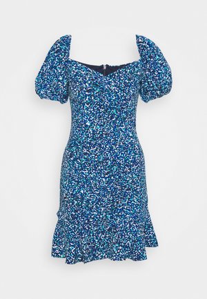 Blue and white patterned short dress with puffed sleeves, sweetheart neckline, fitted waist, and ruffled hem.