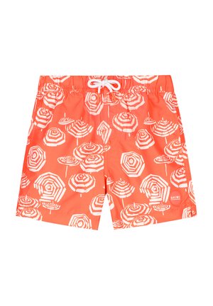 Shorts de bain orange avec un motif d'ombrelle blanche, dotés d'une taille élastique et d'un cordon de serrage. Fabriqués en tissu léger.