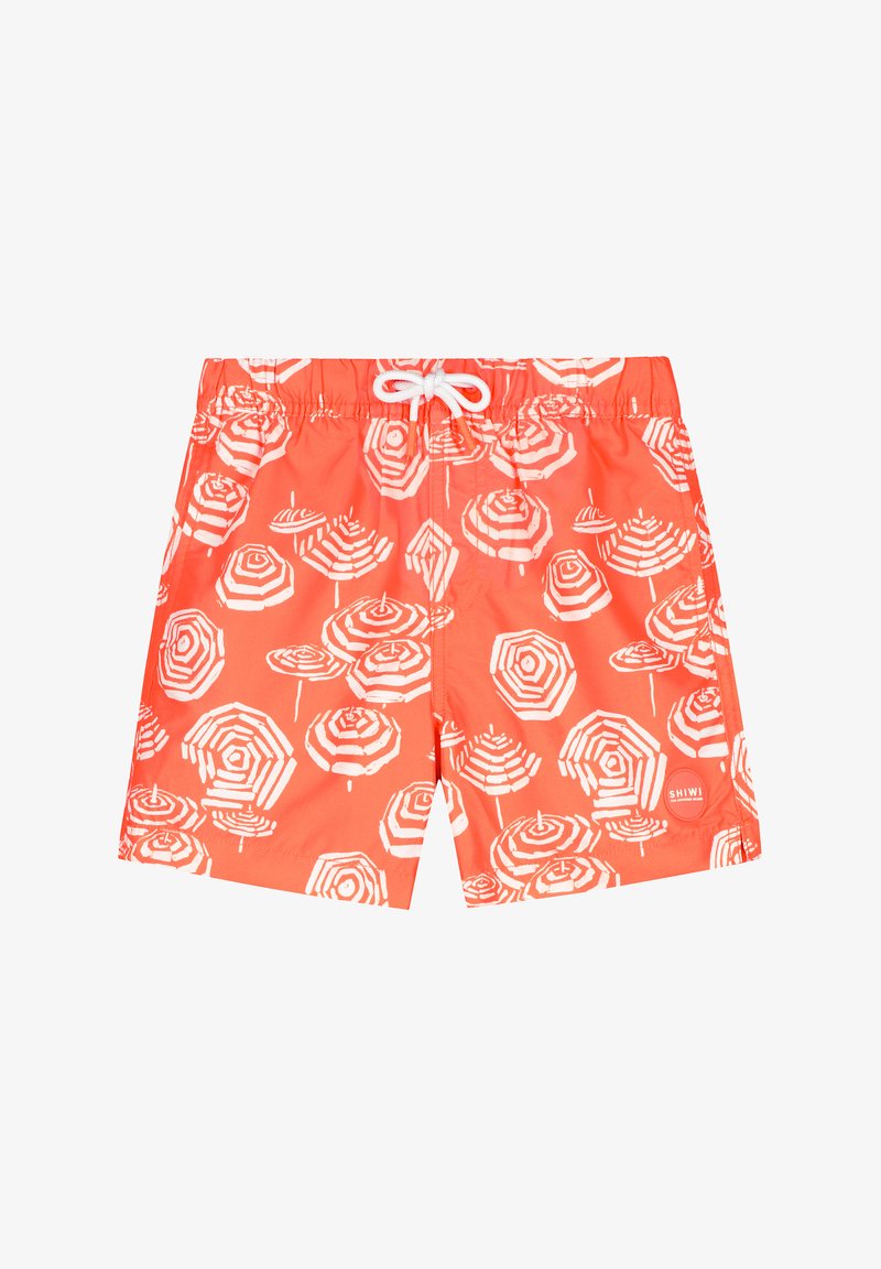 Oranžie peldbikses ar baltu lietussargu rakstu, ar elastīgu jostasvietu un auklu. Izgatavotas no viegla auduma.