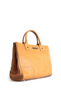 Tan leather handbag with dual top handles, rectangular shape, stitched accents, and two front pockets. Smooth texture and minimalistic design.