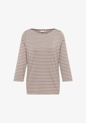 Tee-shirt rayé marron et blanc à manches longues avec un col rond en tissu doux. Design simple et coupe décontractée. Étiquette de la marque visible.