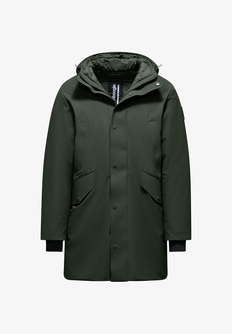 Parka verde impermeabile con cappuccio e bottoni a pressione, dotata di due tasche frontali a toppa e polsini a costine per il comfort.