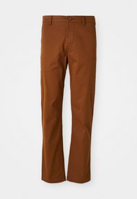 Brown cotton trousers with a regular fit, featuring a button closure, belt loops, and straight leg design. Smooth texture with no patterns.