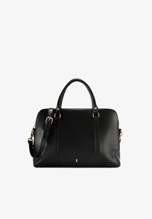 Czarna skórzana torebka z podwójnymi uchwytami, regulowanym paskiem na ramię i małym złotym logo na środku przodu.