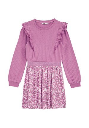 Pink dress with long sleeves, ribbed top featuring ruffles, and a floral-patterned skirt in lighter pink and white. Soft fabric, elastic waist.