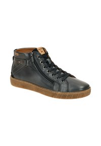 Black leather high-top sneakers with lace-up front, side zipper, and brown rubber sole. Features textured accents and logo on tongue.