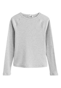 Light gray long-sleeve ribbed knit shirt with crew neckline and raglan sleeves, featuring a small white tag labeled "self."