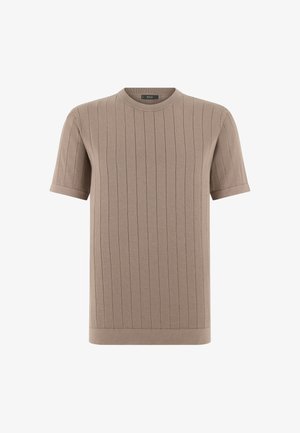 Beige lyhythihainen neulottu t-paita pystysuuntaisella ribbineulekuviolla ja pyöreällä pääntiellä.