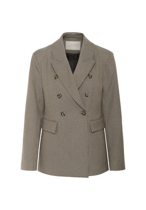Dvojno zapnjen blejzer v bež in rjavem houndstooth vzorcu, z izpostavljenimi ovratniki, dvema sprednjima žepoma in kovinskimi gumbi.