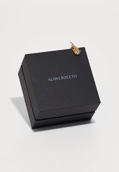 Boîte cadeau noire avec une surface texturée, dotée d'un fermoir en or en forme d'insecte et du logo argenté "ALAN CROCEETTI" à l'avant.