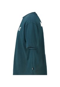 Dark teal short-sleeve t-shirt shown from the side with small white logo near shoulder and a black tag near the hem.