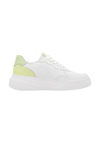 Baskets en cuir blanc avec un accent en daim vert clair sur le talon. Présentent un bout rond, une languette rembourrée et une semelle en caoutchouc texturée.