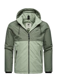 Svetlo zelena jakna s kapuco, ki ima teksturirano zgornjo ploščo, dva žepa z zadrgo in črni logotip na prsih.