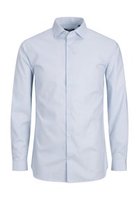 Světle modrá košile s dlouhými rukávy, vyrobená z hladkého bavlněného materiálu. Klasický límec s knoflíkovým zapínáním a manžetami s rozparkem. Žádné viditelné vzory nebo akcenty.