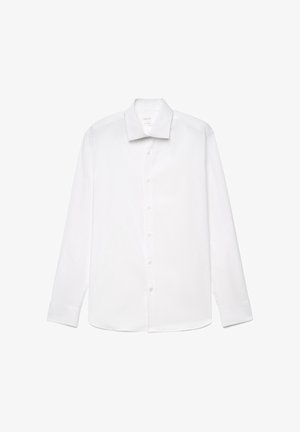 White long-sleeve dress shirt with a pointed collar and button-down front, displayed flat on a white background.