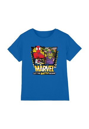 Blauses Baumwoll-T-Shirt mit Marvel-Charakteren. Der Druck umfasst "SPIELER 1", "SPIELER 2", "MARVEL" und "LASST DEN KAMPF BEGINNEN!" in lebendigen Farben.