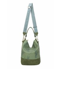 Sac vert avec un corps en tissu doux, présentant un fond en daim et des motifs de colibris. La bandoulière est réglable, avec un accent bleu clair.