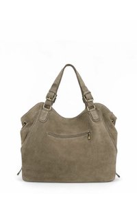 Sac à main en daim marron clair avec un design souple. Il comporte deux anses, des fermetures éclair latérales et une poche frontale zippée pour un rangement supplémentaire.