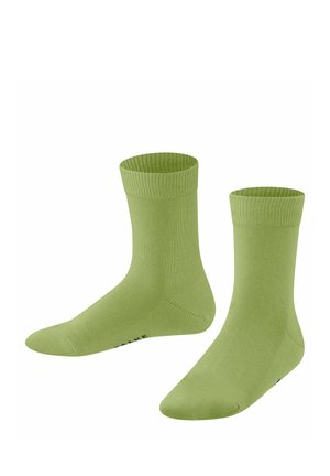 Light green cotton ankle socks with ribbed cuffs and a smooth texture. Features reinforced heel and toe for durability. No patterns or accents.