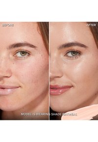 Vergelijking voor en na van de huidtint. Links: lichte huid met sproeten, matte afwerking. Rechts: gladde, iets glanzende afwerking met een egale teint, glanzende lippen.