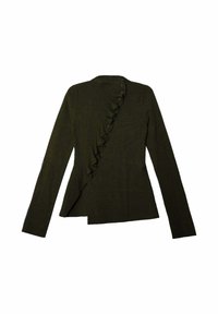 Haut vert olive à manches longues avec un devant à volants, une coupe asymétrique, et des détails à boutons sur l'encolure et le côté. Texture de tissu douce.