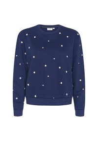 Felpa navy con stelle crema stampate sulla superficie, caratterizzata da un collo a giro e maniche lunghe, realizzata in un morbido cotone misto.