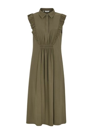 Robe midi vert olive sans manches avec col, patte de boutonnage à l'avant, détails à volants sur les épaules et taille élastiquée froncée.