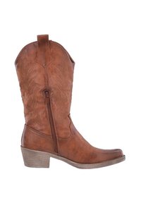 Botte western en cuir marron avec coutures décoratives, fermeture éclair latérale, petit talon empilé et languette en haut.