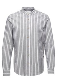 Camicia a righe in cotone grigio e bianco, con colletto a band e maniche lunghe, dotata di bottoni in legno lungo la chiusura frontale.