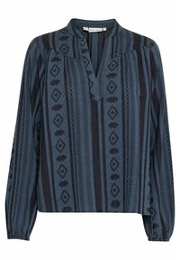 Blusa blu stampata con scollo a V, maniche lunghe e polsini elastici. Presenta disegni geometrici in tonalità blu scuro e chiaro sul tessuto.