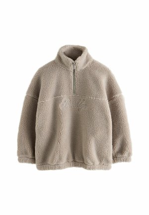 Beige sherpa fleece pulóver s krátkym zipsom a vyšívaným nápisom "Brooklyn" na hrudi, s dlhými rukávmi a vysokým golierom.