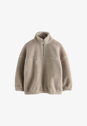 Beige sherpa fleece pullover med kvart lynlås og "Brooklyn" broderet på brystet, med lange ærmer og høj krave.