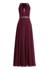 Robe de soirée bordeaux en chiffon avec un deep V-neck, un corps plissé et une taille embellie. Jupe A-line fluide qui s'étend jusqu'au sol.