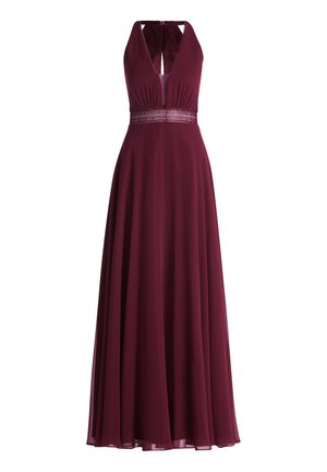 Burgunderfarbenes Abendkleid aus Chiffon mit tiefem V-Ausschnitt, gefälteltem Oberteil und verziertem Taillengürtel. Fließender A-Linien-Rock reicht bis zum Boden.