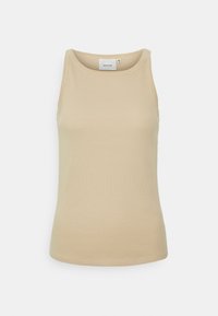 Beige ribbad linne, ärmlös design, mjuk textur och rundad halsringning. Har en diskret etikett med varumärkesnamnet.