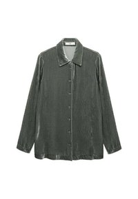 Camisa de manga larga abotonada en terciopelo verde oscuro. Cuenta con un collar puntiagudo, un corte recto y una textura suave con un brillo sutil.