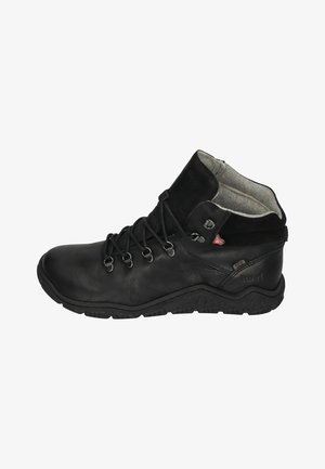 Black leather hiking boot featuring a high cut, textured surface, metal eyelets, and contrasting fabric lining. Rugged sole for traction.