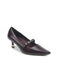 Burgundy patent leather pumps with a pointed toe, embellished strap across the instep, and a small stacked heel featuring a metallic accent.