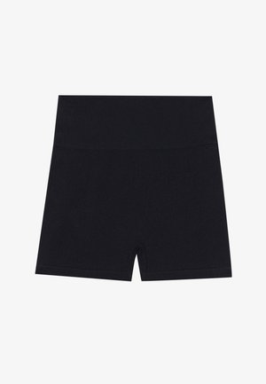 Zwarte, nauwsluitende sportshorts van een zachte stof. Middenhoge tailleband, gladde textuur en een zoom die tot halverwege de dij reikt.