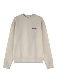 Cream-colored sweatshirt with ribbed cuffs and collar, featuring a textured pattern and “PEGADOR” logo in black on the left chest.