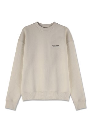 Cremefarbener Sweatshirt mit gerippten Bündchen und Kragen, versehen mit einem strukturierten Muster und einem schwarzen "PEGADOR"-Logo auf der linken Brust.